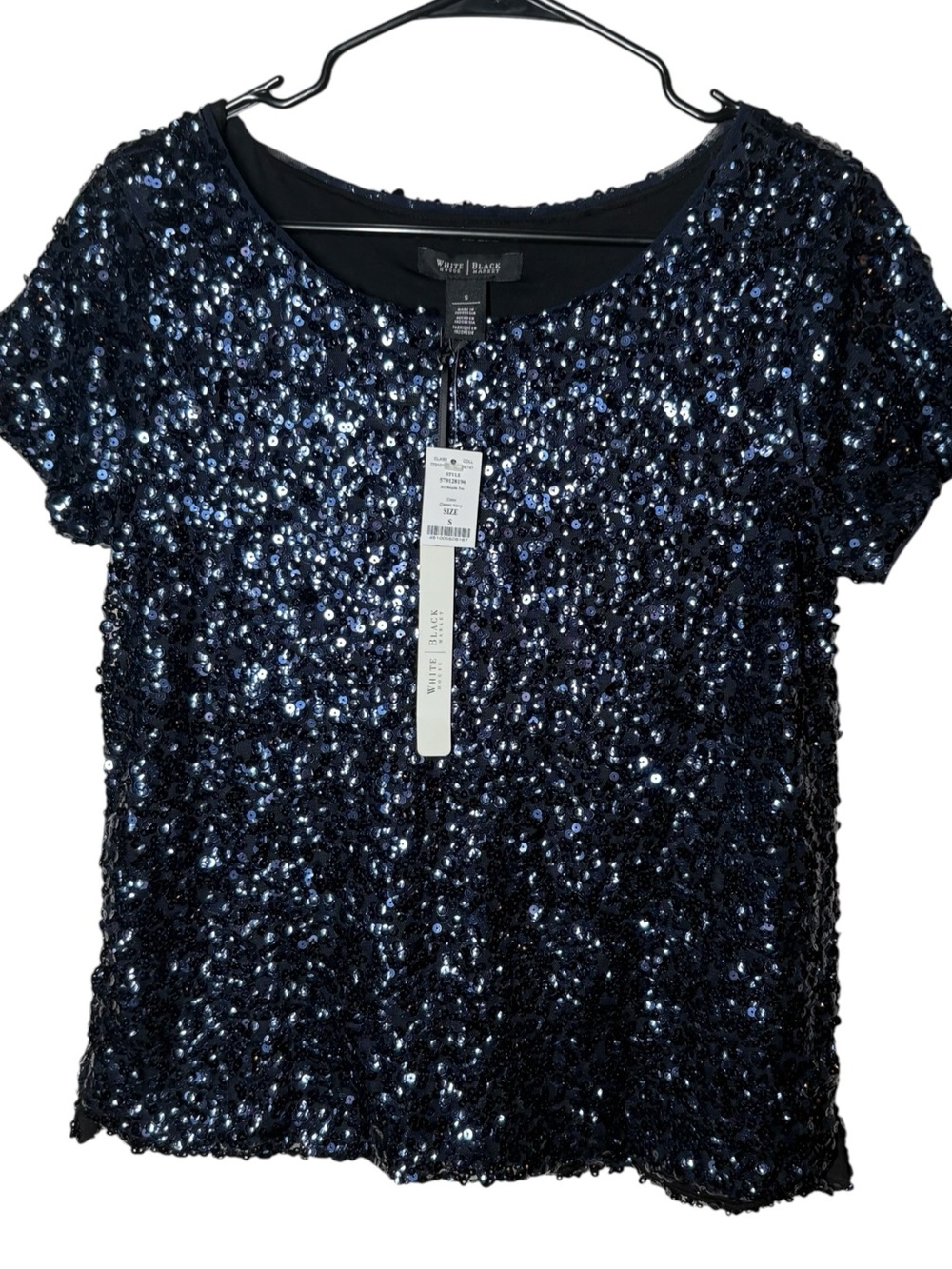 {NWT} White House Black Market Navy Sequin Short Sleeve Top S